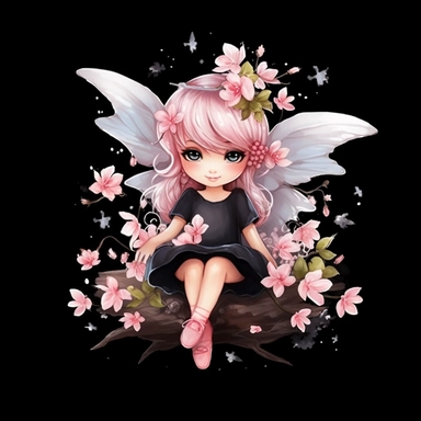 cute fairy with cherry blossoms clipart, watercolor style, Black Background