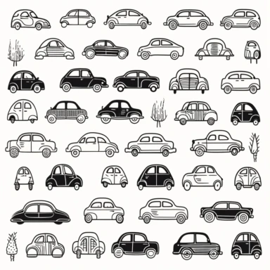 black and white cars clipart set, hand drawn cars, doodles, cute cars, clean and simple line art, no shadows, no background