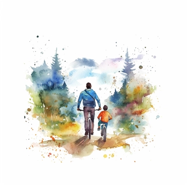 Father and child going on a bike ride or exploring nature together, water color style, clipart, white background