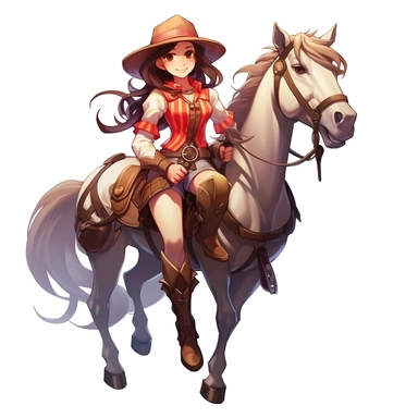 a beautiful smiling anime girl, dressed as a western cowgirl, riding a horse, full body image, pixar style, clipart