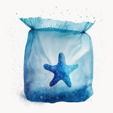 watercolour handmade clipart of a blue transparent plastic bag in the ocean, starfish in it, save the ocean concept