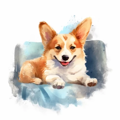 Cuddly Corgi lounging on a fluffy cushion, with a contented smile on its face, enjoying a moment of relaxation, white background, watercolor clipart.