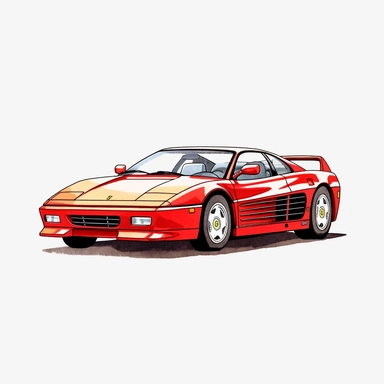 Clipart of a Ferrari Testarossa minimal details, aquarel colored cartoon style with thick borders. Only the car. White background, no floor, no shadow