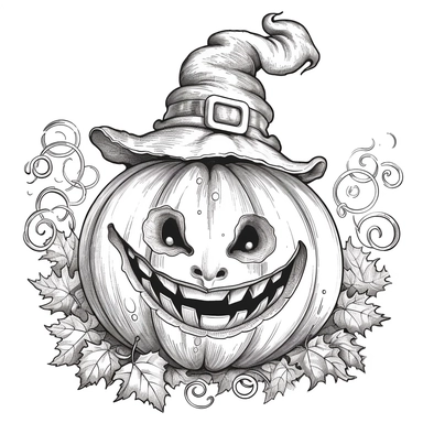 black and white coloring book page. Close up of friendly looking jack-o-lantern. Clip art.