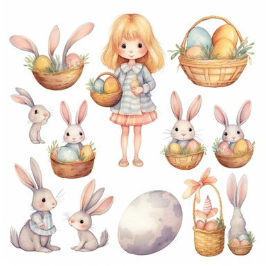 Watercolor easter eggs, illustrations clipart set, simple, soft colors, cartoon elements, different variants, easter elements, jumping bunnies, sitting bunnies ,rabbits, cute little girl, easter eggs in basket, separate elements with a margin