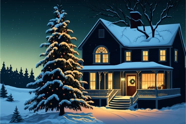 Stunning Vector clip art Christmas scene. frosty winter evening, snow is falling gently outside. The Christmas scene is one of festive cheer, as a cozy house is adorned with twinkling Christmas lights and colorful decorations. A tall Christmas tree with ornaments, gifts, decorations stands proudly in the front yard, its branches glistening with snow. The house itself is a picture of holiday cheer. Its windows are adorned with wreaths and garlands, and a wisp of smoke curls from the chimney. The 
