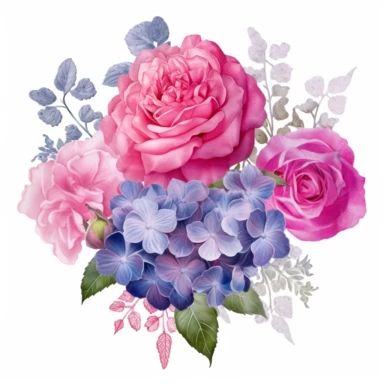 Design a dreamy watercolor clipart of a Bouquet of roses, peonies, and hydrangeas in vibrant shades of pink, purple, and blue arranged in a traditional Korean hanbok-inspired design composition, hand-painted with soft and graceful brushstrokes. Draw inspiration from the artistic finesse of Ethereal Petals Watercolors for a refined and ethereal depiction. isolated on a white background, hand-drawn illustration, hand-painted watercolor texture, 16k UHD resolution, intricately detailed, sharp focal