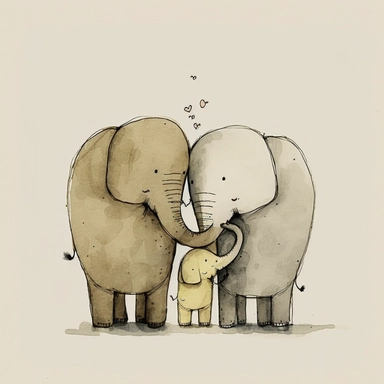 watercolor and ink drawing of a portrait of a family of three happy elephants, one mom elephant, one dad elephant, one baby elephant, clipart, embracing each other, cute pose, cartoon, doodle, happy, smiling, beautiful watercolor ink wash coloring, thick pencil lines, Jon klassen, Adrian tomine, popular on etsy, watercolor illustrations clipart, watercolor illlustrations for kids and children, book illustrations, plain white background