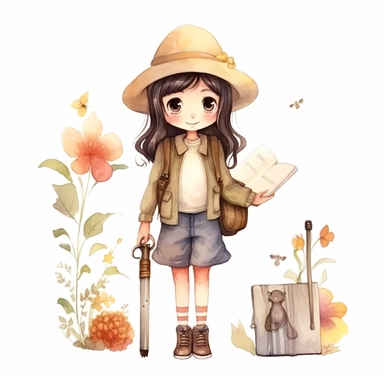 cute girl, clipart, planner girl clipart, cottagecore, watercolor, standing, separated