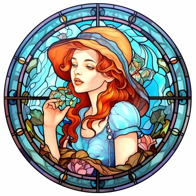 Vintage Cute Beautiful Round Stained Glass girl Sublimation Clipart, Cartoon, hyper realistic, intricate detail, illustration style, high solution, on the white background
