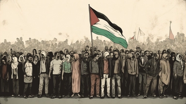 crowd of people raising palestine flags +dark color tones+ vintage drawing style ,clipart drawing,clipart image,high definition drawing,clean colors,balanced colors,detailed drawing,