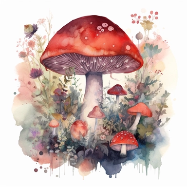 In this watercolor illustration, a mystical mushroom takes center stage, painted with vibrant hues and surrounded by delicate flowers and lush plants. The clipart design captures a magical scene, where fairies flit about in the air, their ethereal forms highlighted against a watercolor backdrop. The white background provides a stark contrast to the dominant red and black color scheme, enhancing the enchanting atmosphere of the artwork. The intricate details of the flora and the playful presence 