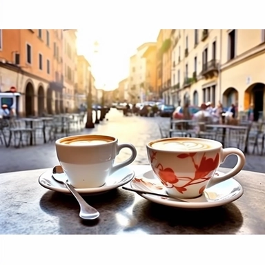 coffee cups on table, city street on the background, light watercolor, watercolor painting, happy, illustration style, clipart, white background, perfect proportions,