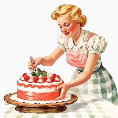 vintage style a beautiful woman preparing strawberry cake on kitchen counter clipart, strawberry cake, strawberries, vibrant colors, 1960, vintage, watercolor, realistic drawing in storybook illustration, pencil drawing by Angela Barrett, Elsa Beskow, hand fix, ultrafine detailed, highly detailed, high resolution, 8K, white background