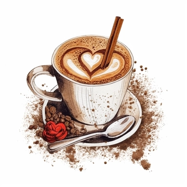 vintage hot cappuccino plan heart and little cake and chocolate sticks digital clipart on white background