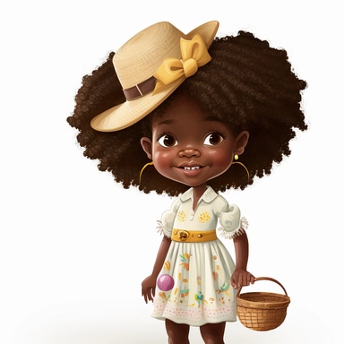 Happy Black Girl Smiling on Easter Sunday , Wearing a Easter hat , standing , walking, Carring easter basket , Easter art, funny black girls clipart, Funny black girl , Frilly Easter Dress , Ribbiobs in Hair Cheerful african american girl child png, clipart, afro ,Full body with legs , Cottage core , Love shack Fancy, Highly detailed close-up portrait , standing , Nicoletta Ceccoli, Mark Ryden, lostfish, Earl Nor, global lighting, divine rays, detailed and intricate surroundings, sf, intricate a