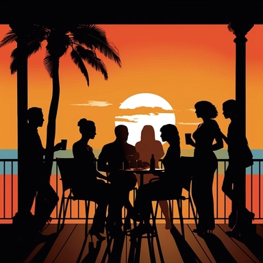 n clipart style, a casual group of mixed genders of both young and older people enjoying cocktails in silhoutte on a patio at sunset