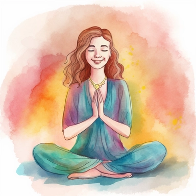 clipart of a Dreamy watercolor illustration of a 40year old woman meditating crossed-legged with hands in the prayer position and smiling peacefully, cartoon-style, brown wavy hair, wearing a flowy colorful dress, magentas, peach, turquoise, golds. Make the background behind her a watercolor gradient of turquoise, magentas, purples and golds. Add abstract hearts and stars around her. Illuminating, bright, no words,