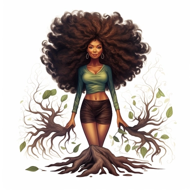 cartoon of a beautiful black woman with big curly hair, growing out of the ground like a tree with roots as her legs, clipart, digital illustration, procreate, v5