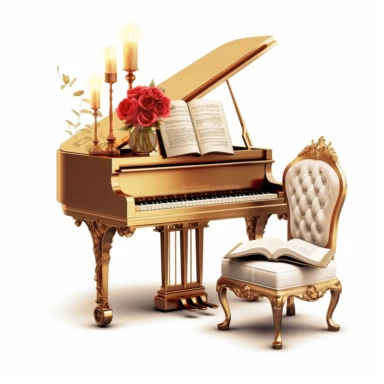 luxury gold piano with a seat, roses, music book and luxury candle digital clipart on white background