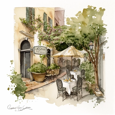 watercolor image, imagine a captivating cafe set in a charming European city. The cafe stands on a stone-paved street decorated with vibrant flowers and elegant lampposts. Its exterior is decorated with trailing ivy and blooming window boxes. Outside, tables with white tablecloths and mismatched chairs are scattered on the paved patio. Customers leisurely enjoy their drinks, lounging in the warm sunlight under colorful umbrellas. Through the large windows of the cafe, you can glimpse an inviting