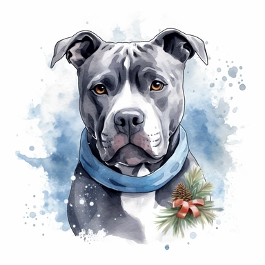 Generate a watercolor-style image of a gray pitbull dog Clipart with natural watercolors on a white background that is christmas theme