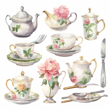 Watercolor vintage china porcailain tea set, illustrations clipart set, simple, soft colors, cartoon elements, different variants, teapot, sugar bowl, jug of milk, , stacked china plates, tongs, china cup and saucer,napkin, stacked teacups, ,silver knife, ,silver fork, ,silver spoon,napkin, place holders, vase of flowers separate elements with a margin