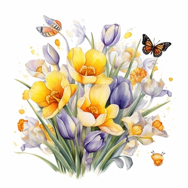 watercolor, spring flower, clipart, leaves, floral, dafodil, tulip, crocus, primrose, clipart, highly detailed, white backround, singular designs, bouquet, bees, butterfly