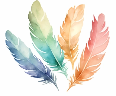 watercolor four Feathers clipart, flat style, no volume, few details, washed out, minimalistic style, very lose details, very light colors, transparent colors, light airy hues and pastel tones, spaced out, white background, washed out colors and paint, hand-painted watercolor, watercolor paper with visible rough paper texture, a variety of watercolor brushes, do not cross workspace borders, rough watercolor paper texture on top