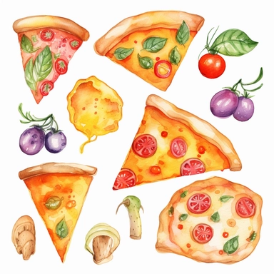 watercolor clipart pizza and cheese funny vibrant colours vector set sticker style