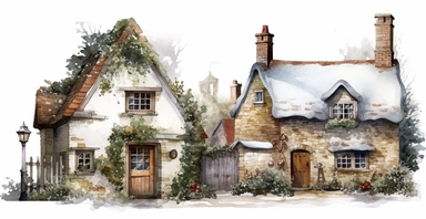 Cute English Cottage, snowy, watercolor clipart