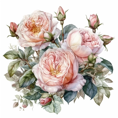 Watercolor pale pink roses clipart, a bouquet of English roses, bridal bouquet, isolated on the white background, very detailed, flower illustration, hd