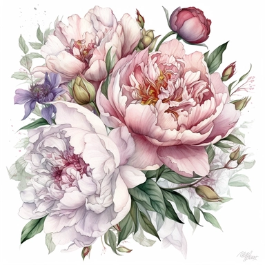a bouquet with a few peonies clipart with white background, unimaginable beauty,white with little pink details in the centre of the bloom,An illustration clipart painted by ann buccarelli, watercolour, combo pale colours, insanely detailed, on white background, amazing colour combo, with detailed watercolor bloom, white/ pink/ green, bec winnel, intricately textured, close up, walter Langley, lucy grossmith, heavy impasto technique, detailed shading, atmospheric watercolours, on white background