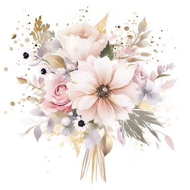 light pink and glittering gold flower bouquet, in the style of watercolour, clipart, pastel colour, white background