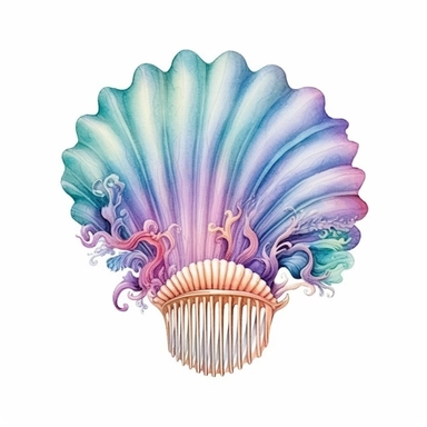 Pastel Cute Beautiful Fairy Comb of Mermaid seashell Watercolor Clipart,Cartoon, hyper realistic, intricate detail, illustration style,high solution,on the white background
