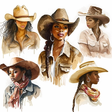 6 beautiful, black woman, cowgirl, clipart, watercolor, isolated on white background, spaced out--er--s 1000