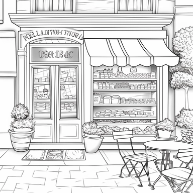 coloring book page, bakery windows,clipart,image of cute bakery,coffee shop,simple and cute,tree on side,bench infront,with awning,for watercolor painting,clean and simple line art for decorative painting