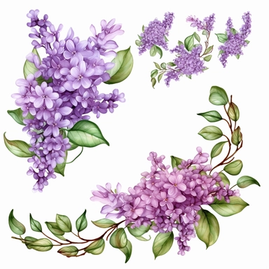 Lilac Corner Accents: Clipart elements featuring lilac flowers and leaves to embellish the corners of designs, using a color palette of lilac, pale pink, and soft green, Watercolor, Detailed, sweet, majestic, high resolition, transparent background, no captions