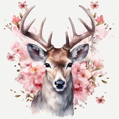 Deer portrait, pink magnolia flowers on the antlers, watercolor, clipart, illustration no background