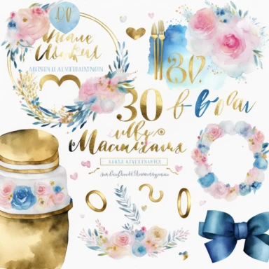 watercolor marriage anniversary clipart collection, white background, white, pink, blue and gold illustrations