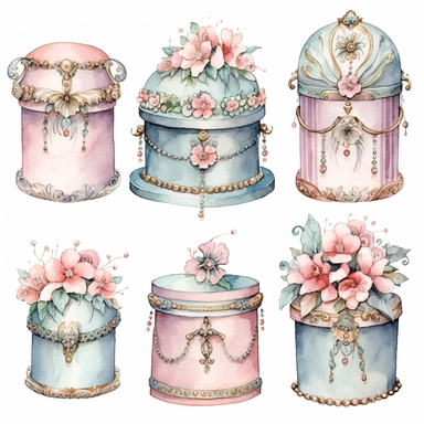 Watercolor detailed intricate hat boxes for a princess in soft colors with diamonds clipart - Image #1 <@1098423716465102849> - Image #1 <@1098423716465102849>