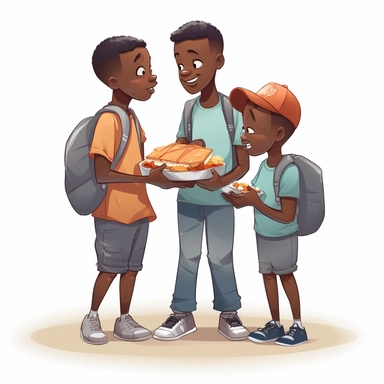 a cute black brother sharing by handing food to his younger brother and the younger brother drawn in Disney style clip art 8k