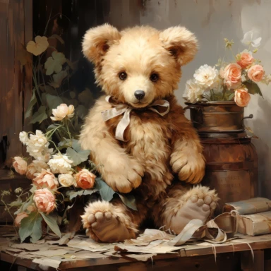 victorian vintage adorable little teddy with banquette and wild flowers, full body, clipart style, accurate details, oil painting technique, super high quality, professional oil painting clipart, high resolution