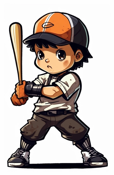 baseball player baseball player cartoon clipart, in the style of dynamic brushwork vibrations, dark gray and light amber, classical balance, childhood arcadias, grid-based, manga-inspired, salvagepunk