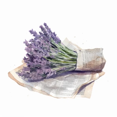 Pastel lavender bunch wrapped in a newspaper, clipart style, watercolor, on a white background, high quality