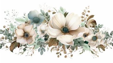 anemone flower print, watercolor floral ornament download, flowers collection and clipart, in the style of light emerald and dark beige, elaborate borders, light gray and amber, colorful arrangements, 3840x2160, light white and brown, luxurious fabrics, white background