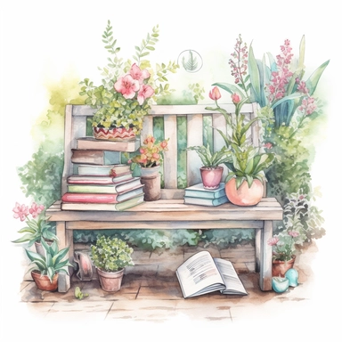 watercolor, hyper realistic, white background, white margins, 16k, ultra detailed clipart, cut out image, hand-drawn, whimsical, sticker style a peaceful garden corner with a wooden bench and a coffee table, a potted plant, and a stack of books. The color theme is pastel greens and pinks, with white flowers.