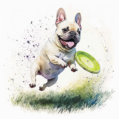 detailed watercolor, cute French Bulldog Dog jumping on grass and catching a frisbee realistic clipart,white background