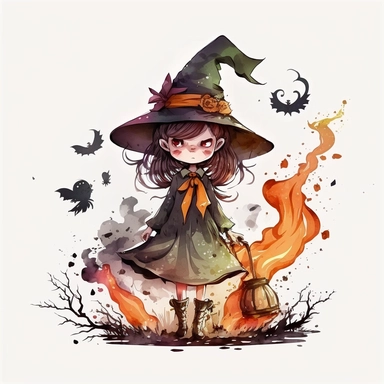 Cartoon Witch Clipart, with white Background, 8K, watercolor, HD,