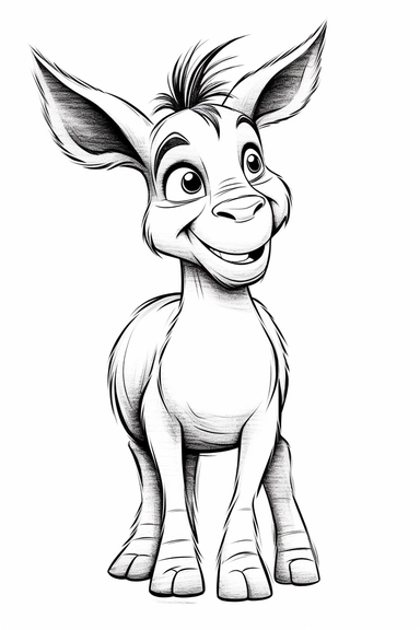 pixar Donkey clipart, simple line art, monocromatic, isolated on white background, color image, full body, stroke line art, for toddler coloring, 8k